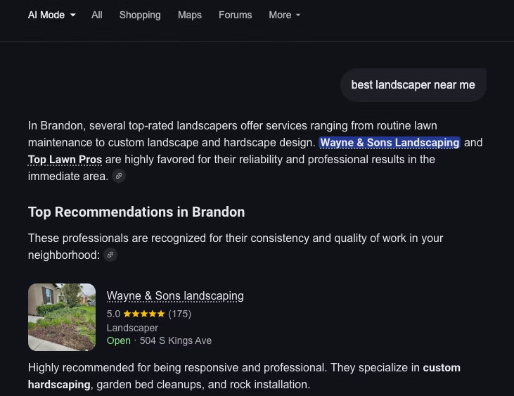 Google AI Mode result recommending Wayne & Sons landscaping